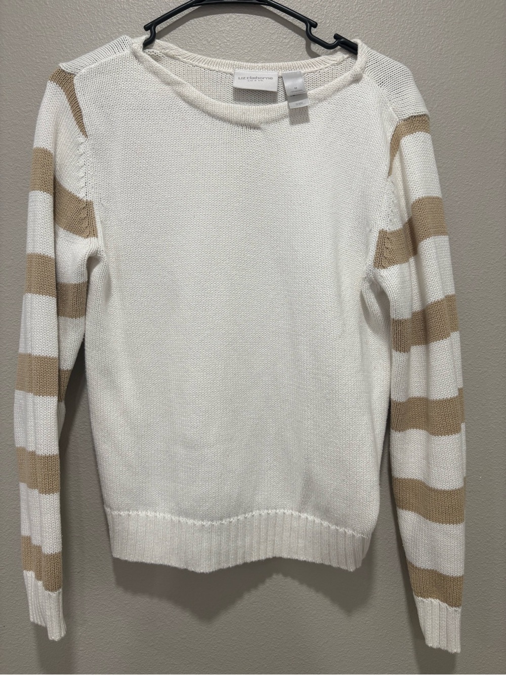 Liz Claiborne White & Beige Stripe Crewneck Sweater Medium